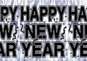 Happy New Year Banner, Silver Fringe with Black Letters & Confetti - 1 Banner