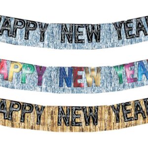 Happy New Year Foil Fringe Banner, Assorted, Black & Silver or Black & Gold - 1 Banner